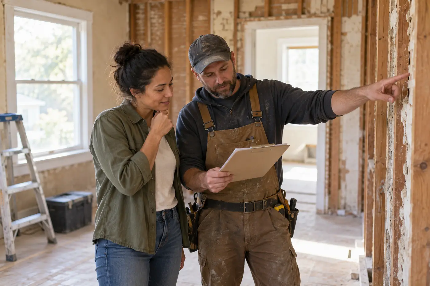 A homeowner and a contractor talking in a stripped-back room