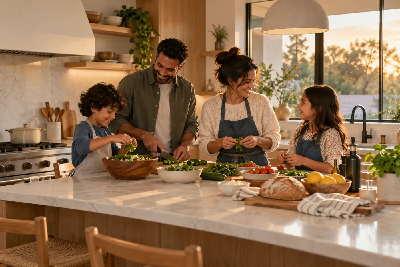 A family cooking together in a newly renovated kitchen