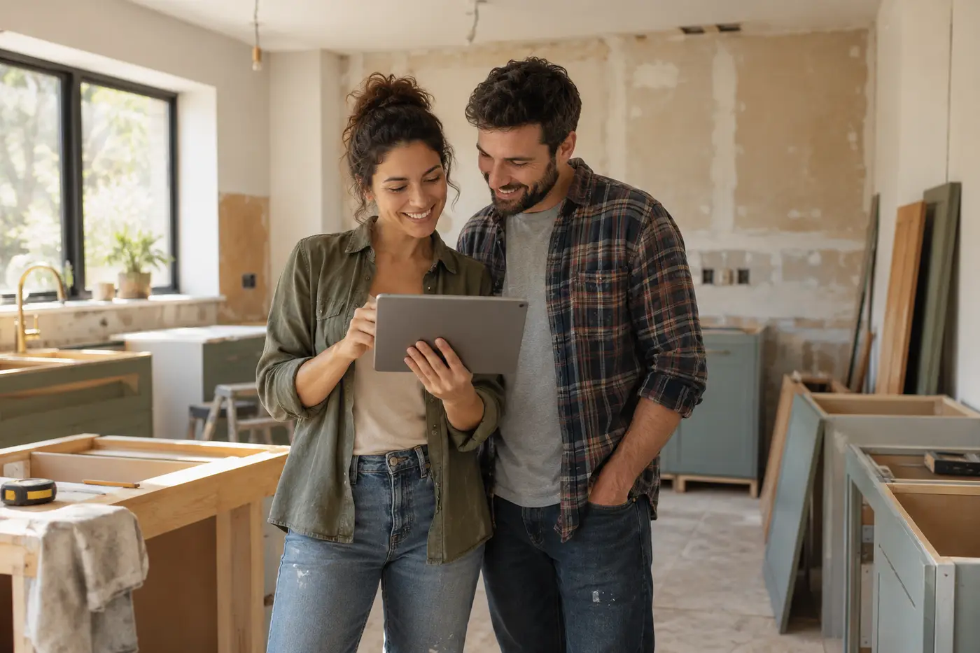 A couple in a half-renovated kitchen looking at a tablet together