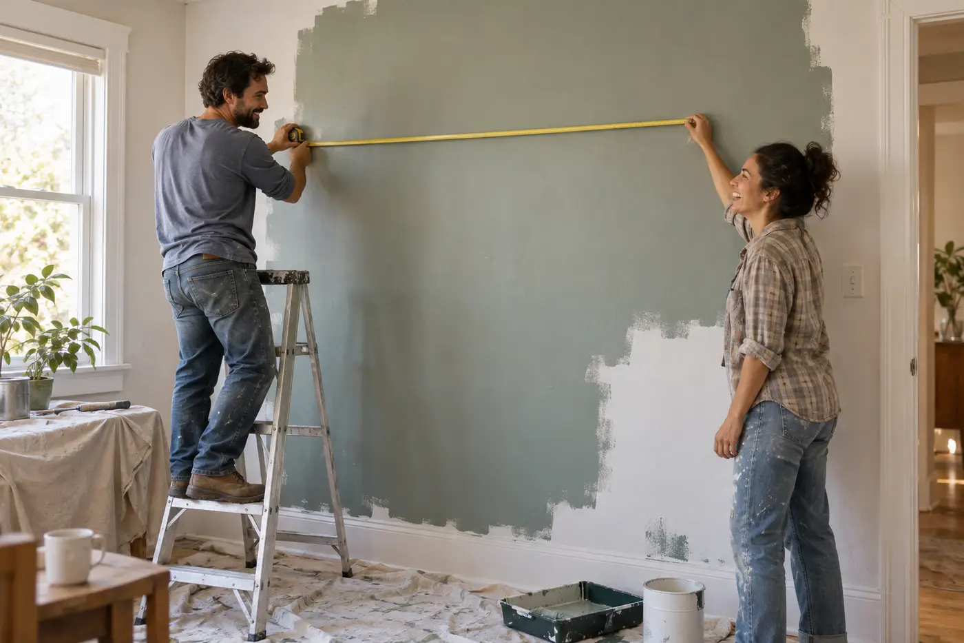 A couple measuring a wall with a tape measure, laughing