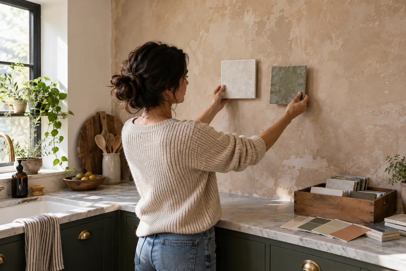 A woman holding two tile samples against a bare kitchen wall