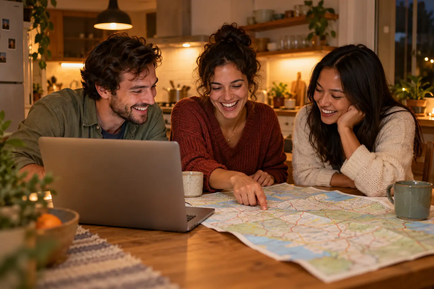 Three friends planning a trip over a laptop and a paper map