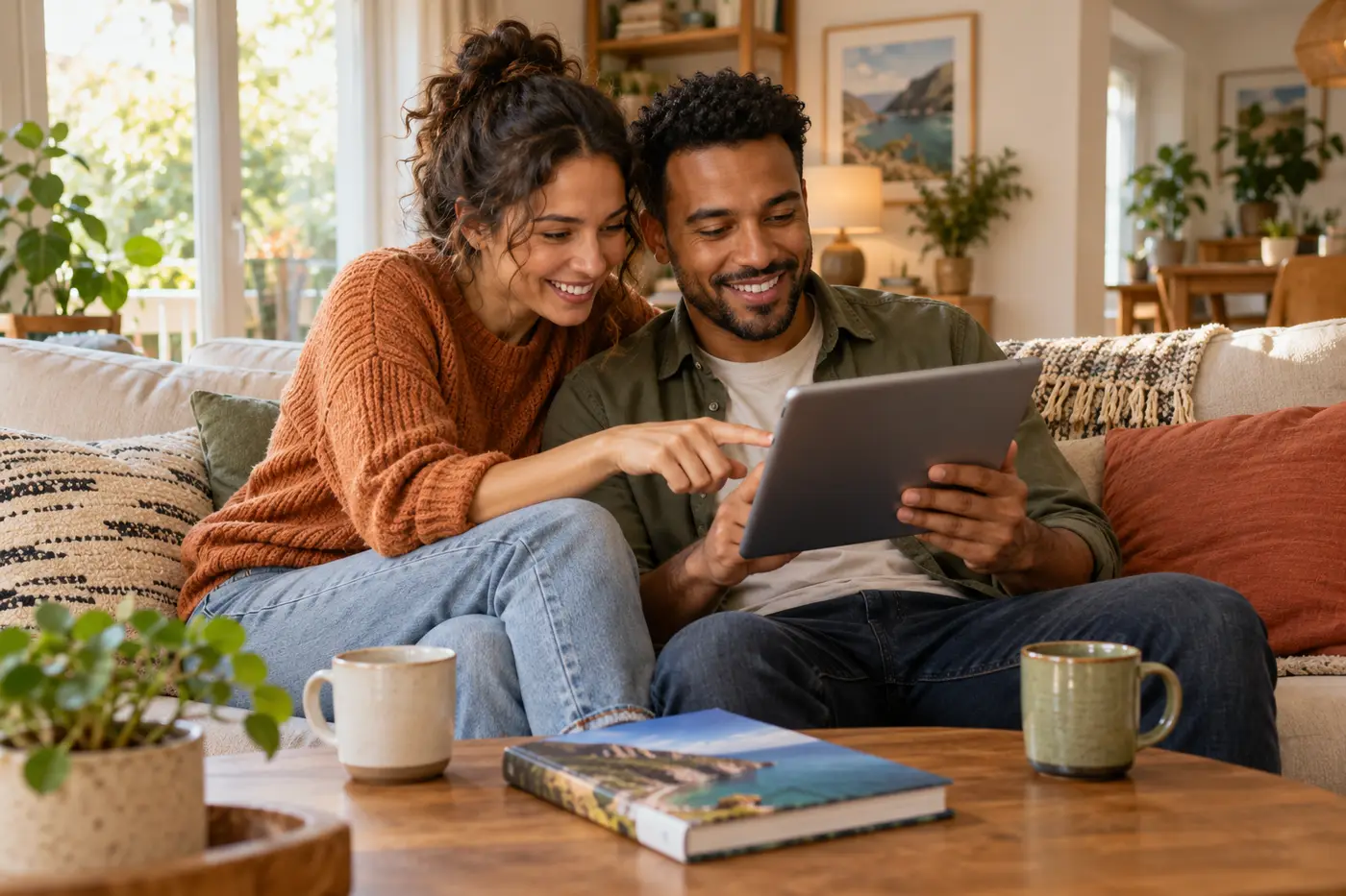 A couple on a sofa looking at a tablet together