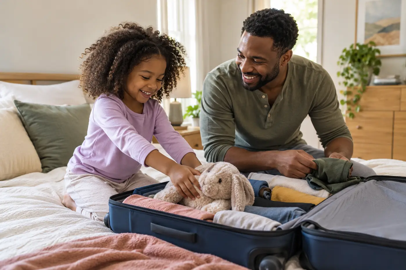 A father and daughter packing a suitcase, laughing