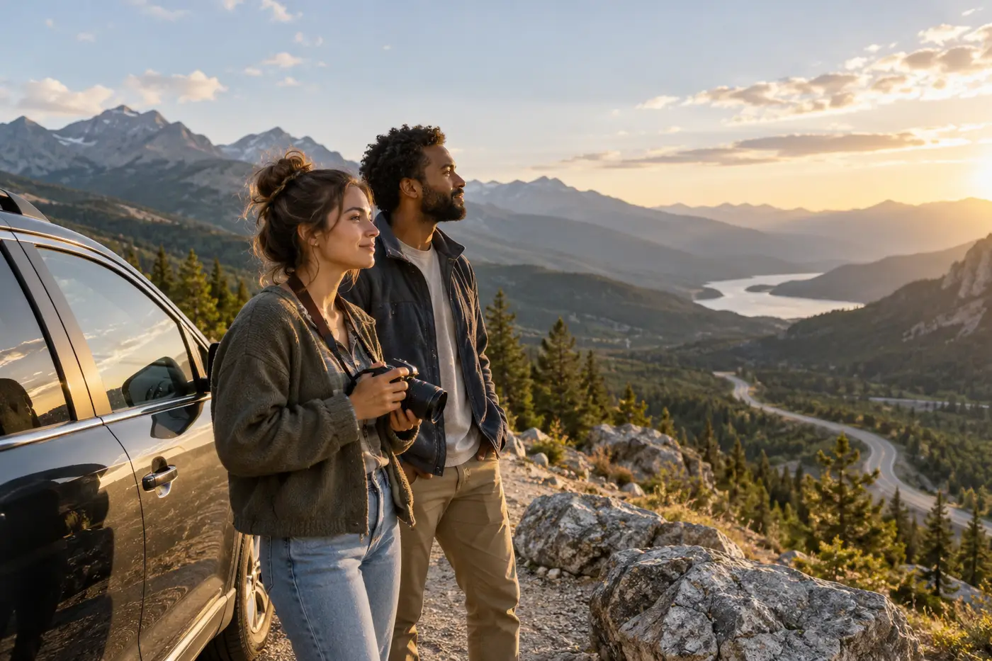Two friends at a mountain overlook beside their car on a road trip