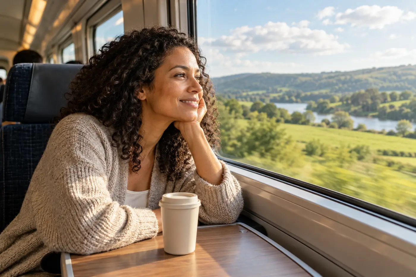 A woman smiling out of a train window at the countryside