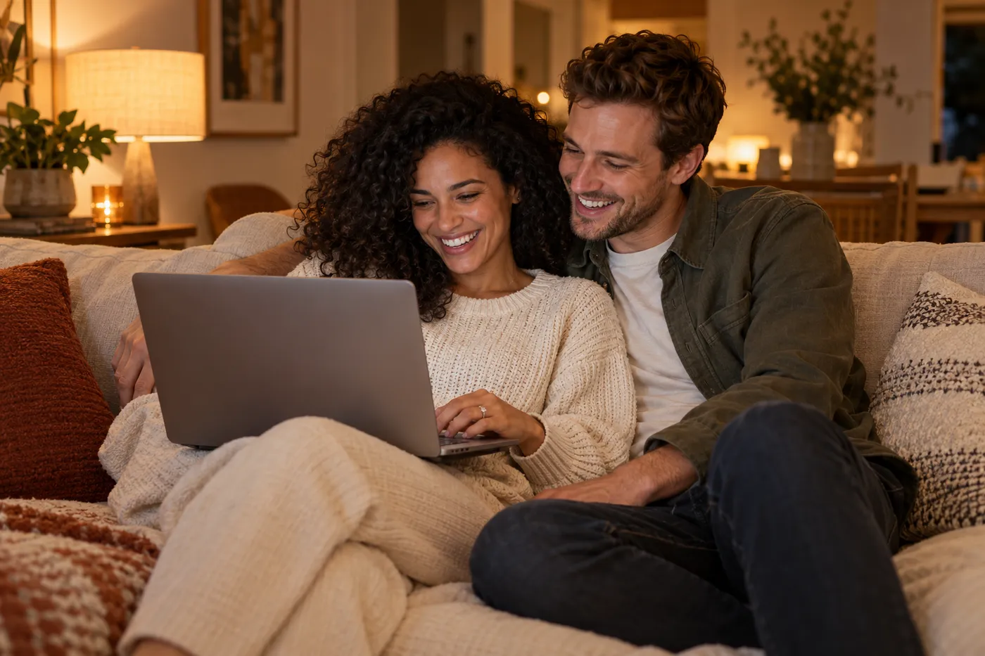 An engaged couple laughing at a laptop on the sofa
