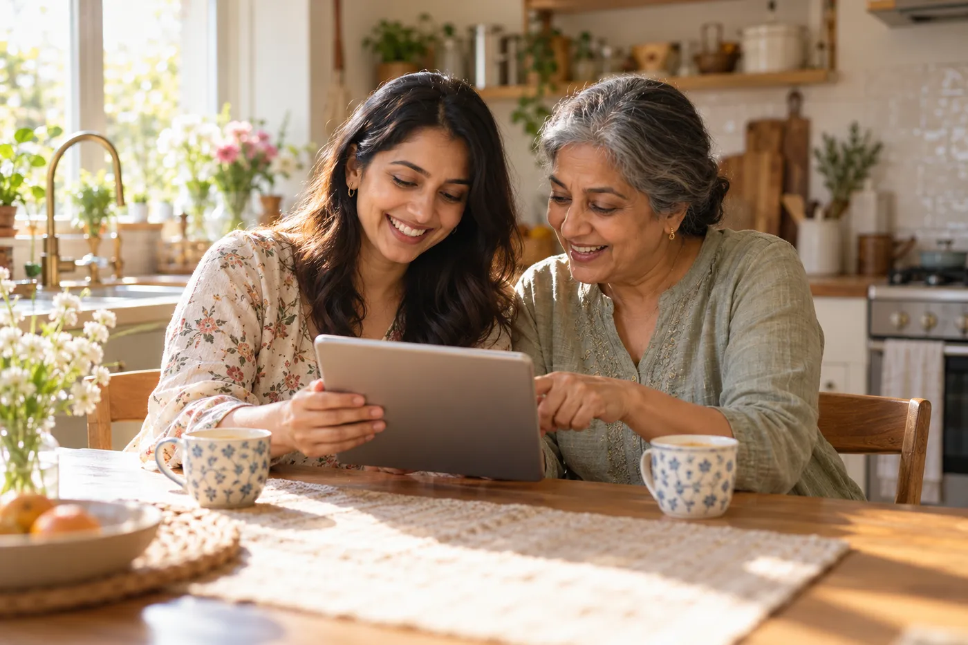 A bride-to-be and her mother looking at a tablet