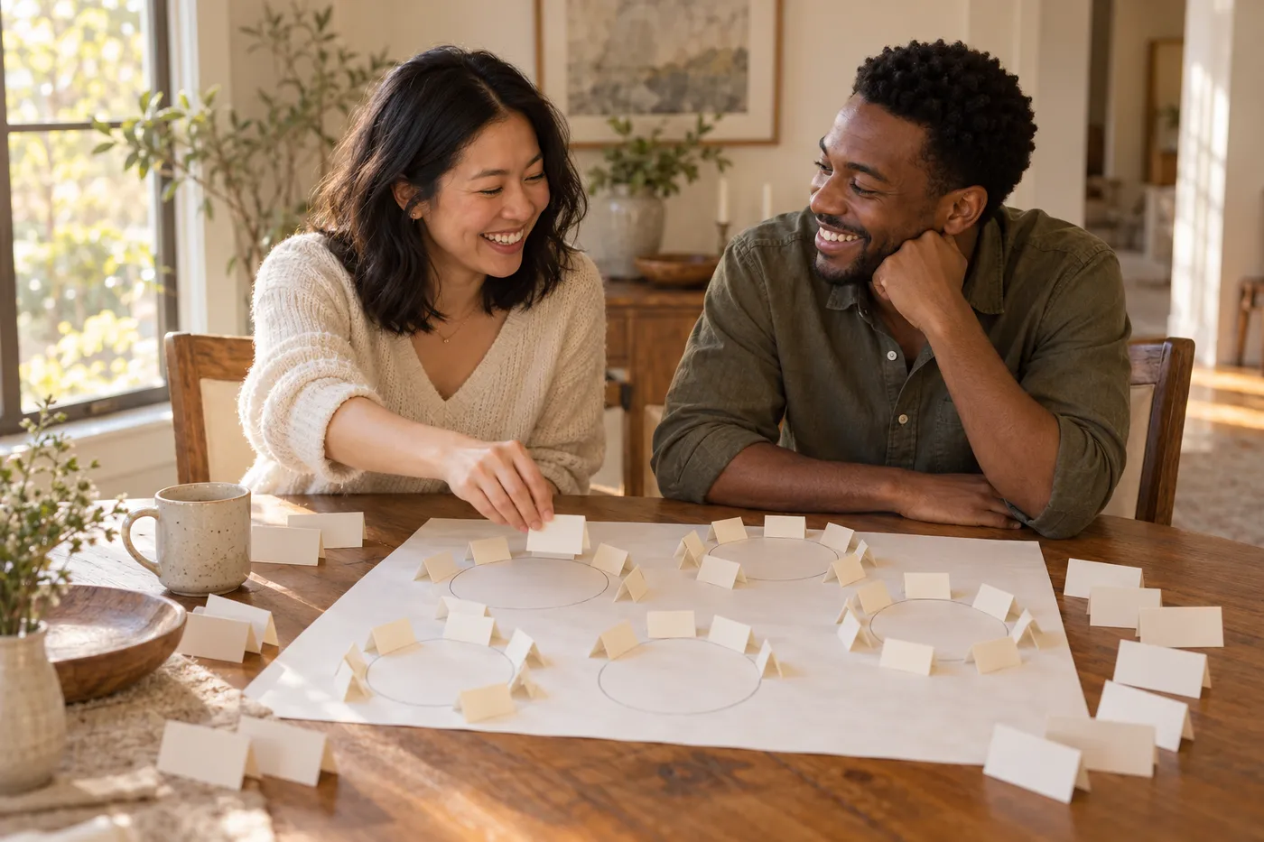 A couple laughing over place cards on a table