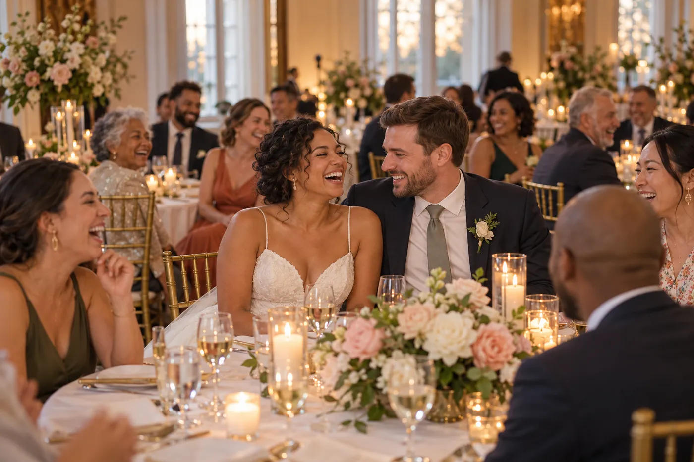 Guests laughing at a wedding reception