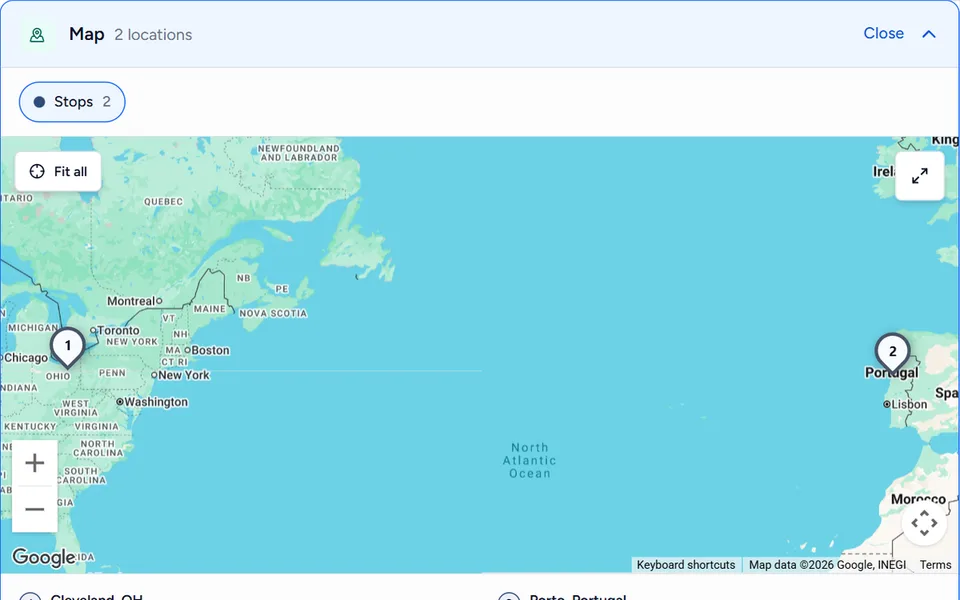 A map from Cleveland to Porto with the two stops numbered